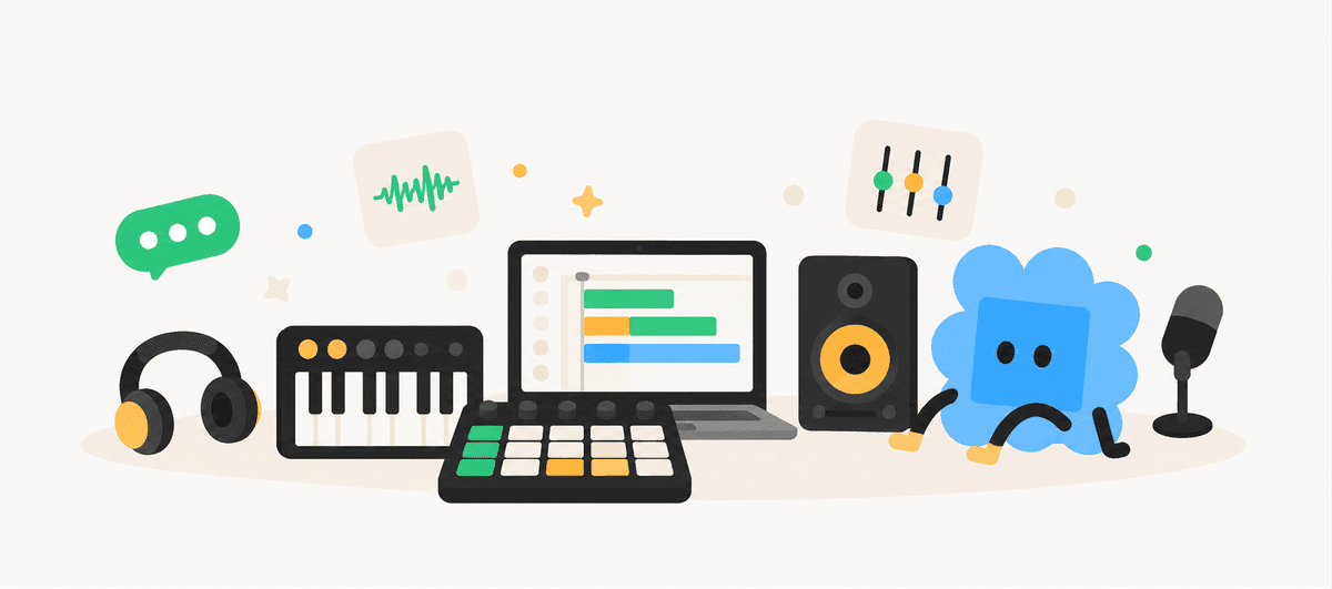 Music production setup with PrdBox character