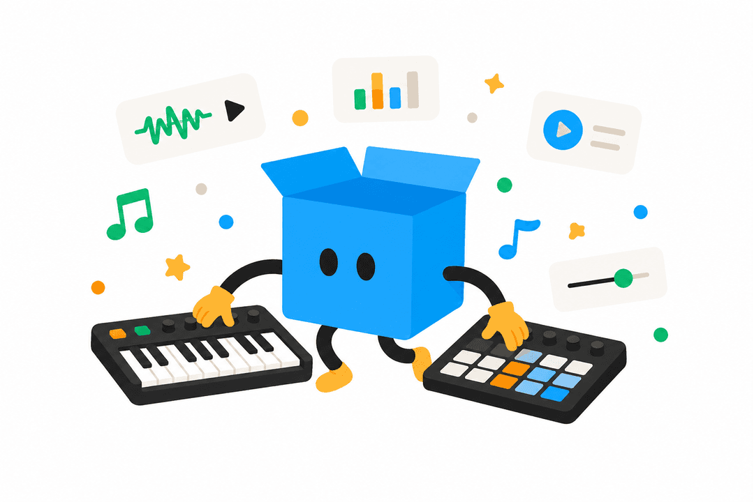 PrdBox character playing music with production tools
